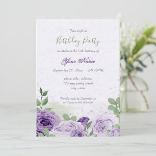 beautiful purple flowers green leaves birthday invitation