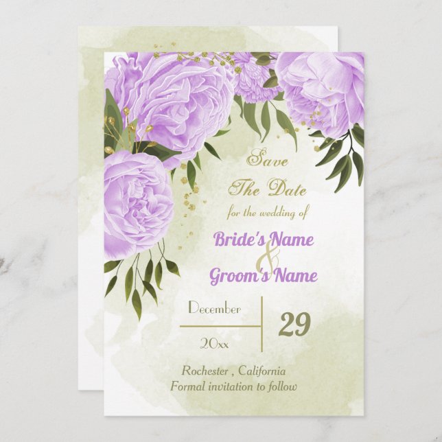 beautiful purple flowers green leaves botanical  save the date (Front/Back)