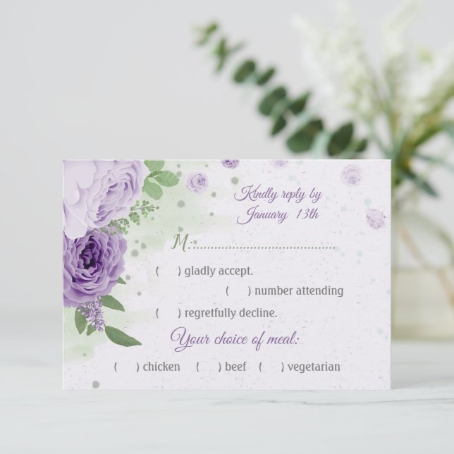 beautiful purple flowers green leaves meal choice RSVP card (Standing Front)