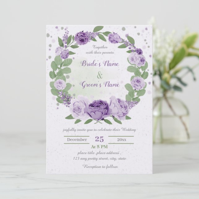 beautiful purple flowers green leaves wedding invi invitation (Standing Front)