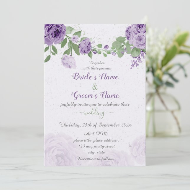beautiful purple flowers green leaves wedding invitation (Standing Front)