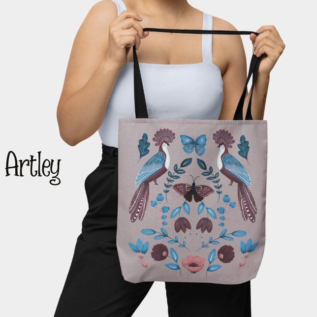 Beautiful purple folk art peacock floral tote bag (Creator Uploaded)