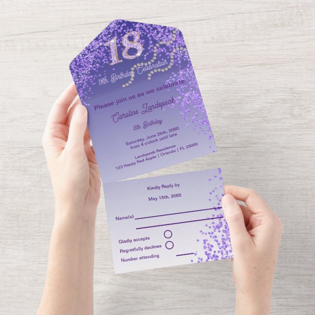 Beautiful Purple Glitter 18th Birthday  All In One Invitation (Tearaway)