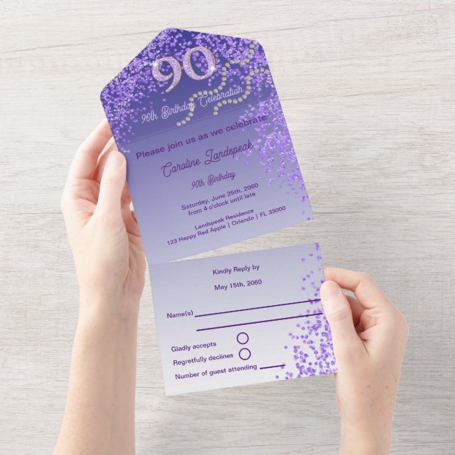 Beautiful Purple Glitter 90th Happy Birthday All In One Invitation (Tearaway)