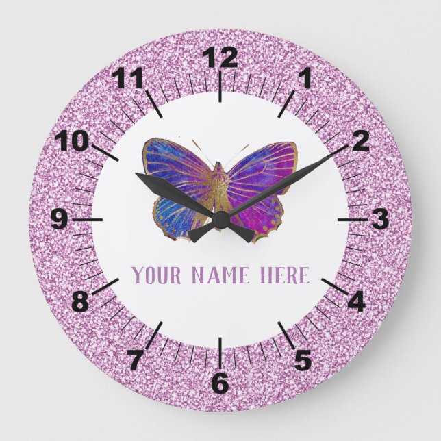 Beautiful Purple : Gold Butterfly Large Clock (Front)