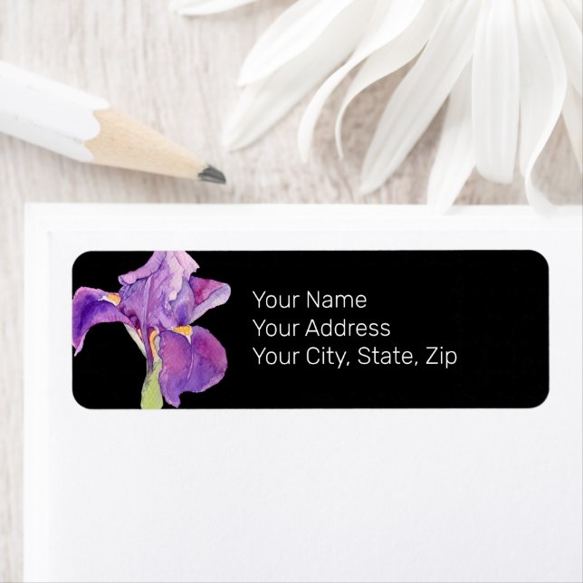 Beautiful Purple Iris / Black Floral Address Label (Insitu)