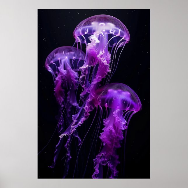 Beautiful Purple Jellyfishes Poster - Dark Backgro (Front)