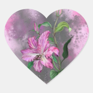 Beautiful Purple Pink Lily Flower Migned Painting  Heart Sticker