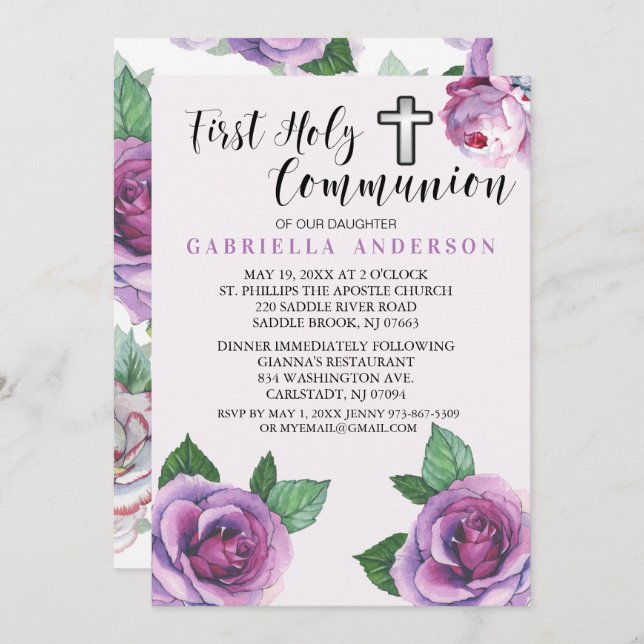 Beautiful Purple Roses First Holy Communion Invitation (Front/Back)