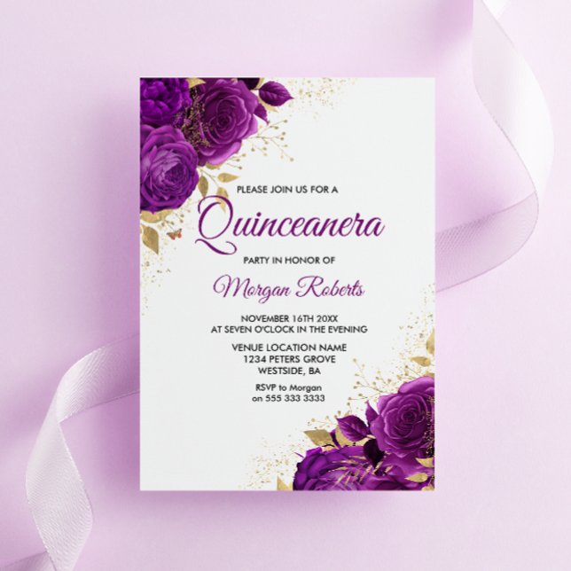 Beautiful Purple Roses Gold Leaf Quinceanera Invitation (Creator Uploaded)