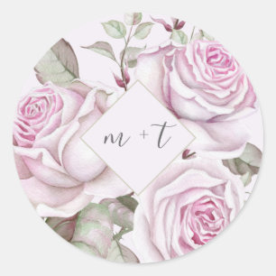 Beautiful Purple Roses with Monograms Wedding Classic Round Sticker