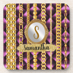 Beautiful Purple Velvet Gold Monogram Elegant Chic Coaster