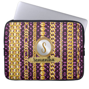 Beautiful Purple Velvet Gold Monogram Elegant Chic Laptop Sleeve