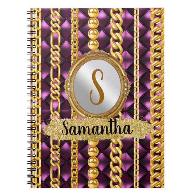 Beautiful Purple Velvet Gold Monogram Elegant Chic Notebook (Front)