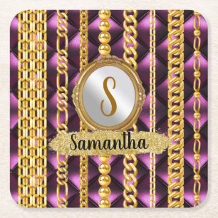 Beautiful Purple Velvet Gold Monogram Elegant Chic Square Paper Coaster