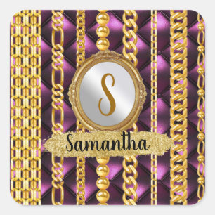 Beautiful Purple Velvet Gold Monogram Elegant Chic Square Sticker