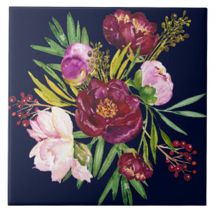Beautiful Purple Wine and Pink Peonies on Navy Tile
