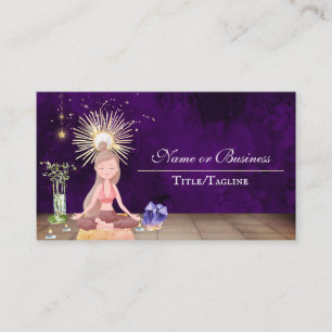 Beautiful Purple Yoga Girl and Crystals Meditation Business Card