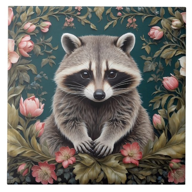 Beautiful Racoon Pink Floral Tile (Front)