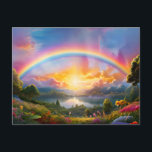 Beautiful Rainbow and Lake  Postcard<br><div class="desc">A beautiful rainbow arcs over a lake at sunset,  with a wildflower meadow in the foreground,  on this beautiful postcard.</div>