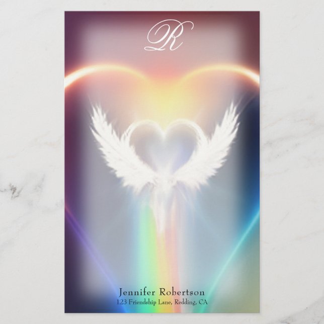 Beautiful Rainbow Angel Wings Monogram Stationery (Front)