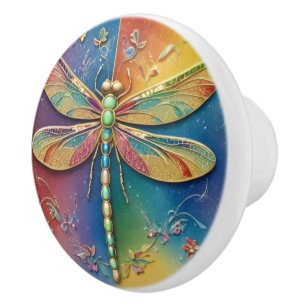 Beautiful Rainbow Dragonfly - Colourful multicolor Ceramic Knob