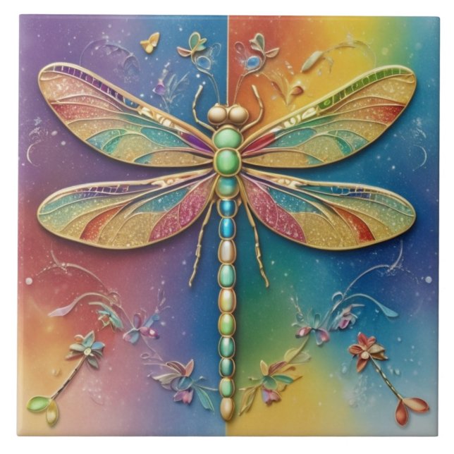 Beautiful Rainbow Dragonfly - Colourful multicolor Tile (Front)