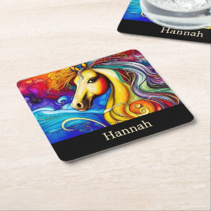 Beautiful Rainbow Horse Portrait Square Paper Coaster