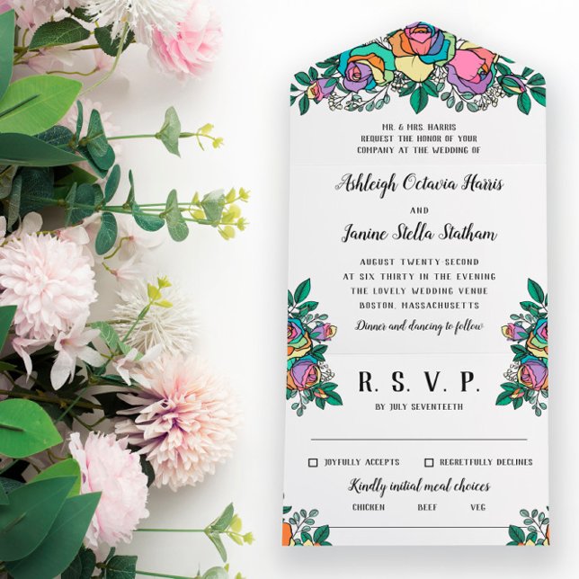 Beautiful Rainbow Roses Floral Wedding All In One Invitation (Creator Uploaded)