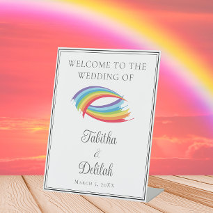 Beautiful Rainbow Waves Custom Wedding Welcome Pedestal Sign