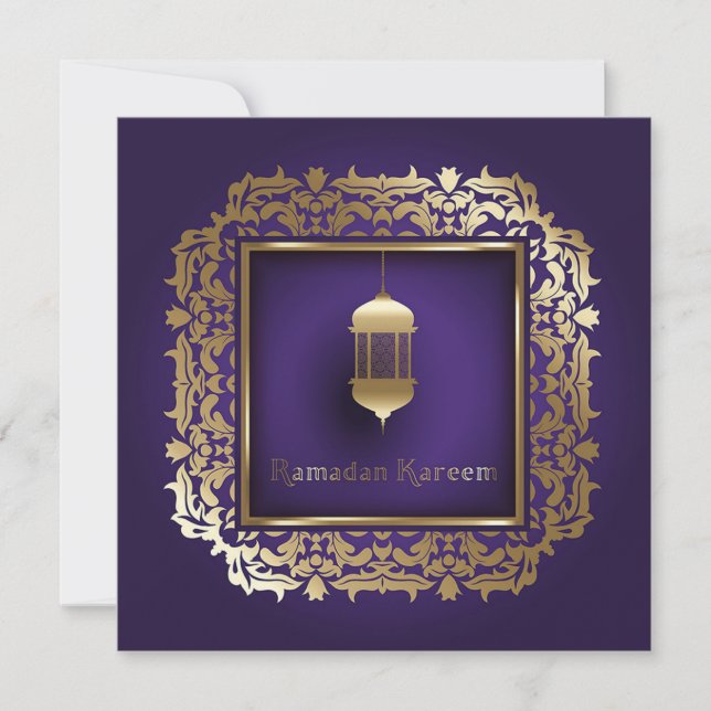 Beautiful Ramadan Mubarak Purple and Golden Holiday Card (Front)