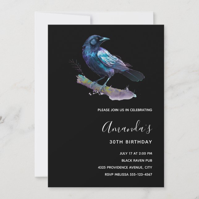 Beautiful Raven on a Tree Branch Birthday Invitation (Front)