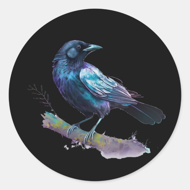 Beautiful Raven on a Tree Branch Classic Round Sticker (Front)