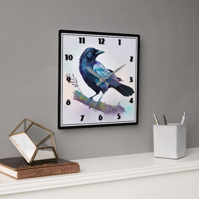 Beautiful Raven on a Tree Branch Square Wall Clock (Office)
