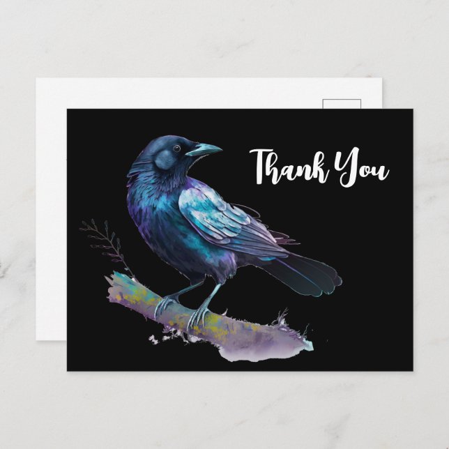 Beautiful Raven on a Tree Branch Thank You Postcard (Front/Back)