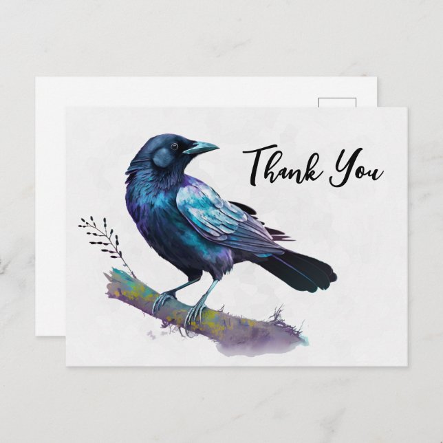 Beautiful Raven on a Tree Branch Thank You Postcard (Front/Back)
