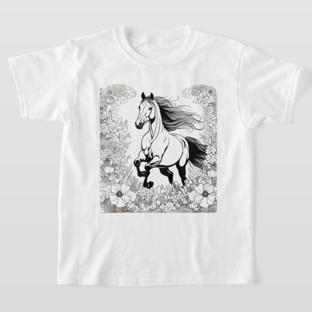 Beautiful Rearing Horse & Flowers Paint a  T-Shirt (Laydown)