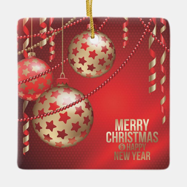 Beautiful Red and Golden Christmas Balls Square Ceramic Ornament (Front)