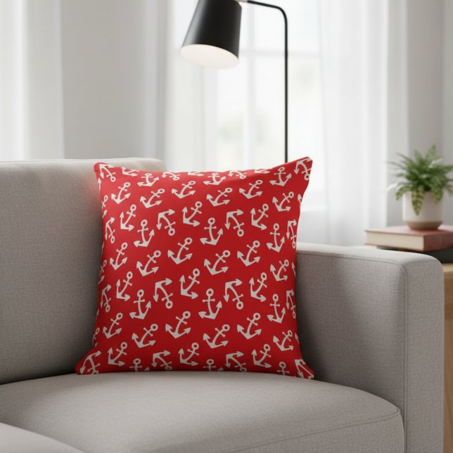 Beautiful Red And White Anchors Nautical Large Cushion (Red and white anchors large cotton pillow.)
