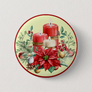 Beautiful Red and White Candles & Poinsettias 6 Cm Round Badge