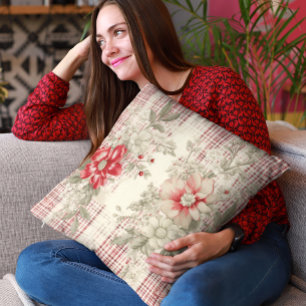 Beautiful Red And White Plaid Floral  Cushion