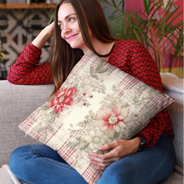 Beautiful Red And White Plaid Floral  Cushion (Creator Uploaded)