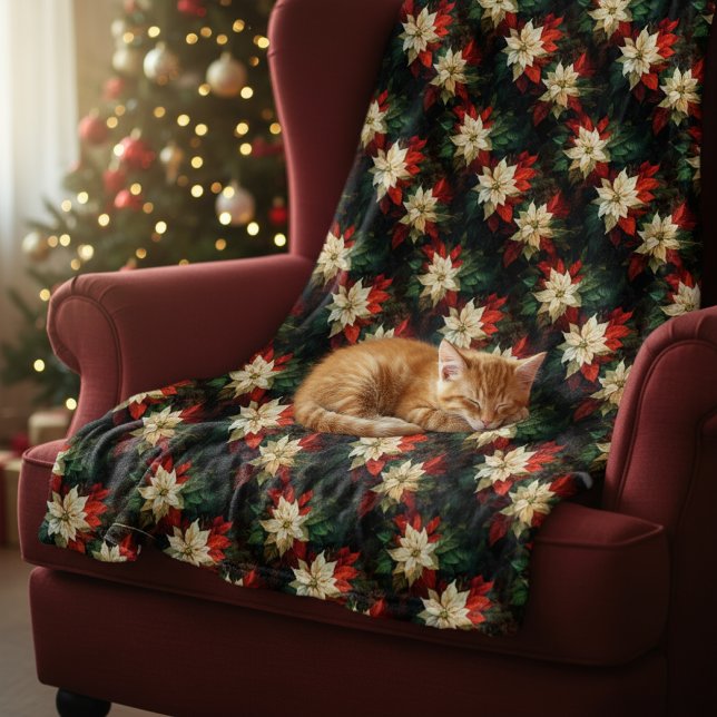 Beautiful Red and White Poinsettias Fleece Blanket (Creator Uploaded)