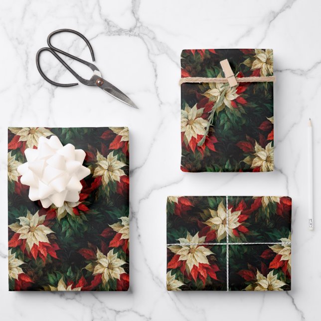 Beautiful Red and White Poinsettias Wrapping Paper Sheet (Front)