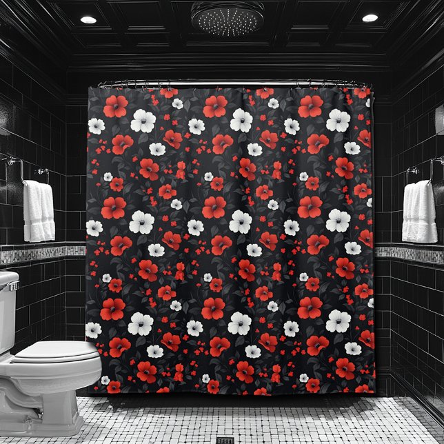 Beautiful Red and White Roses Black Background Shower Curtain (Creator Uploaded)