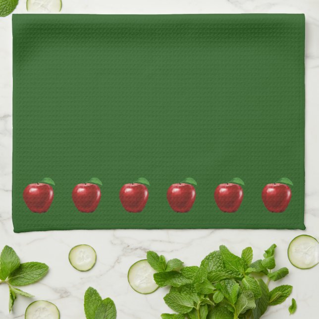 Beautiful Red Apples on Green Kitchen Towel (Folded)