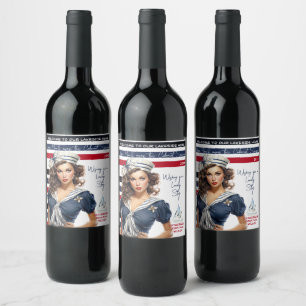 Beautiful red blue Nautical pin-up girl custom Wine Label