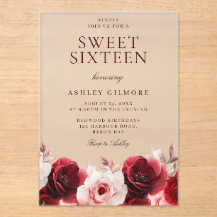 Beautiful Red & Blush Floral Sweet 16 Birthday  Acrylic Invitations