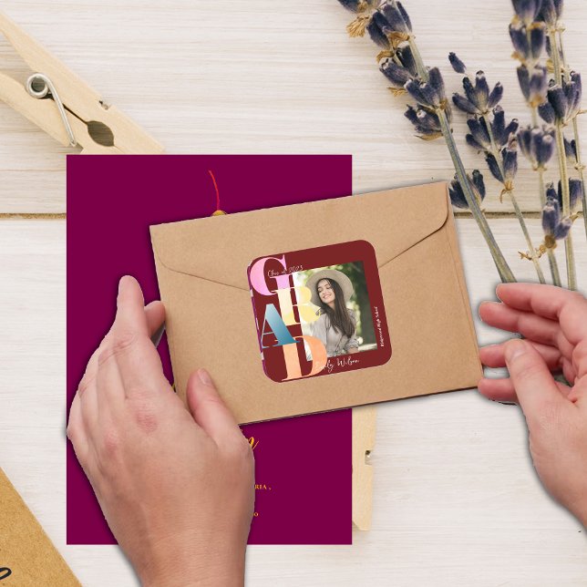 Beautiful Red Bold Font Photo 2024 Graduation Square Sticker (Beautiful Red Bold Font Photo 2024 Graduation Square Sticker)