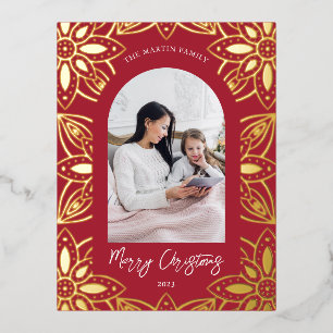 Beautiful Red Botanical Frame Photo Foil Holiday Postcard